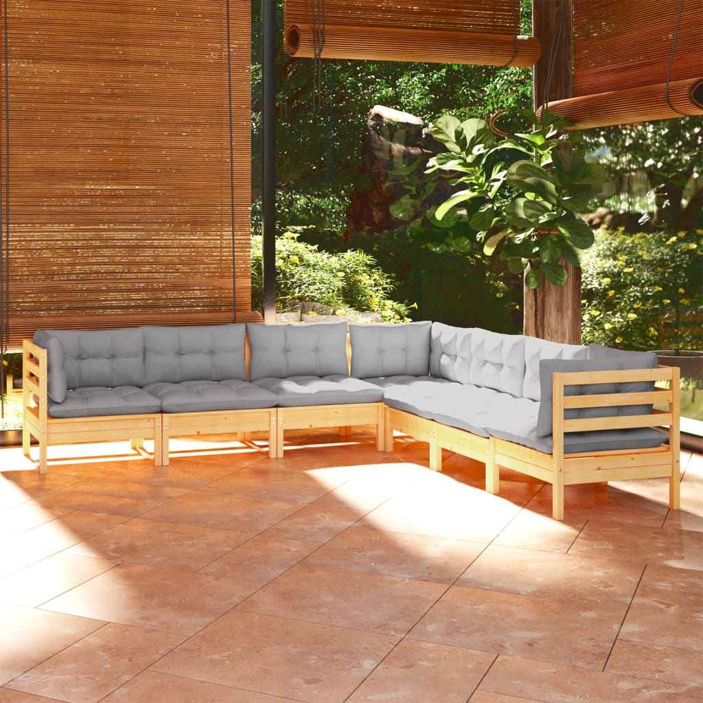 vidaXL 7 pcs conjunto lounge de jardim + almofadões cinza pinho maciço