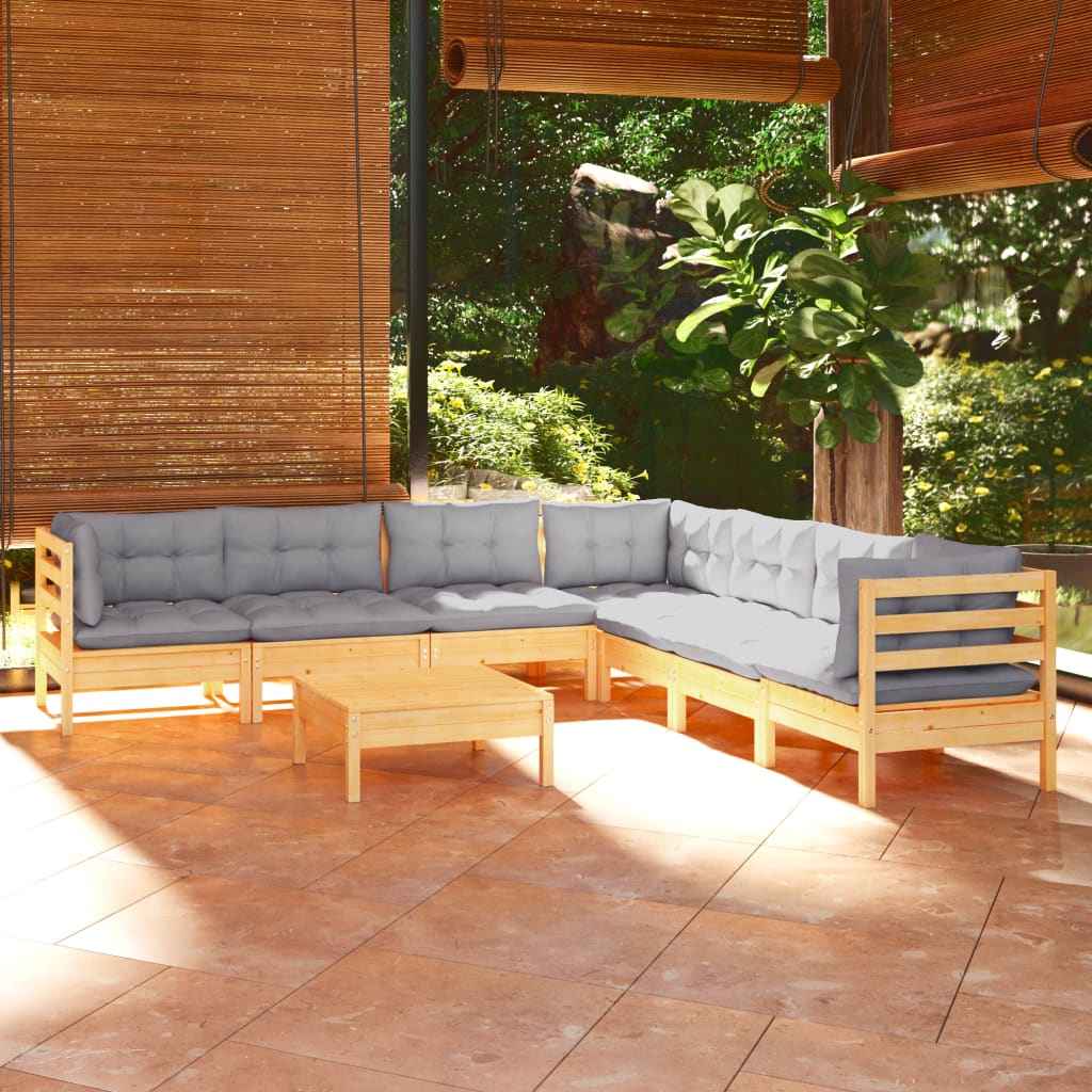 vidaXL 8 pcs conjunto lounge de jardim + almofadões cinza pinho maciço