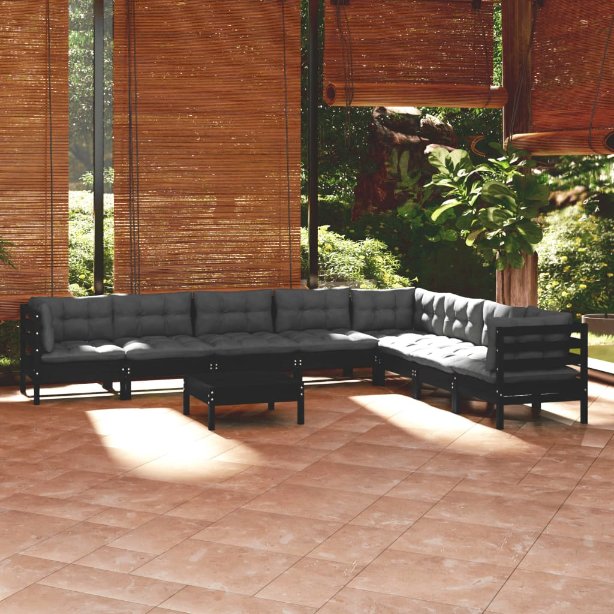 vidaXL 9 pcs conjunto lounge de jardim + almofadões cinza pinho maciço