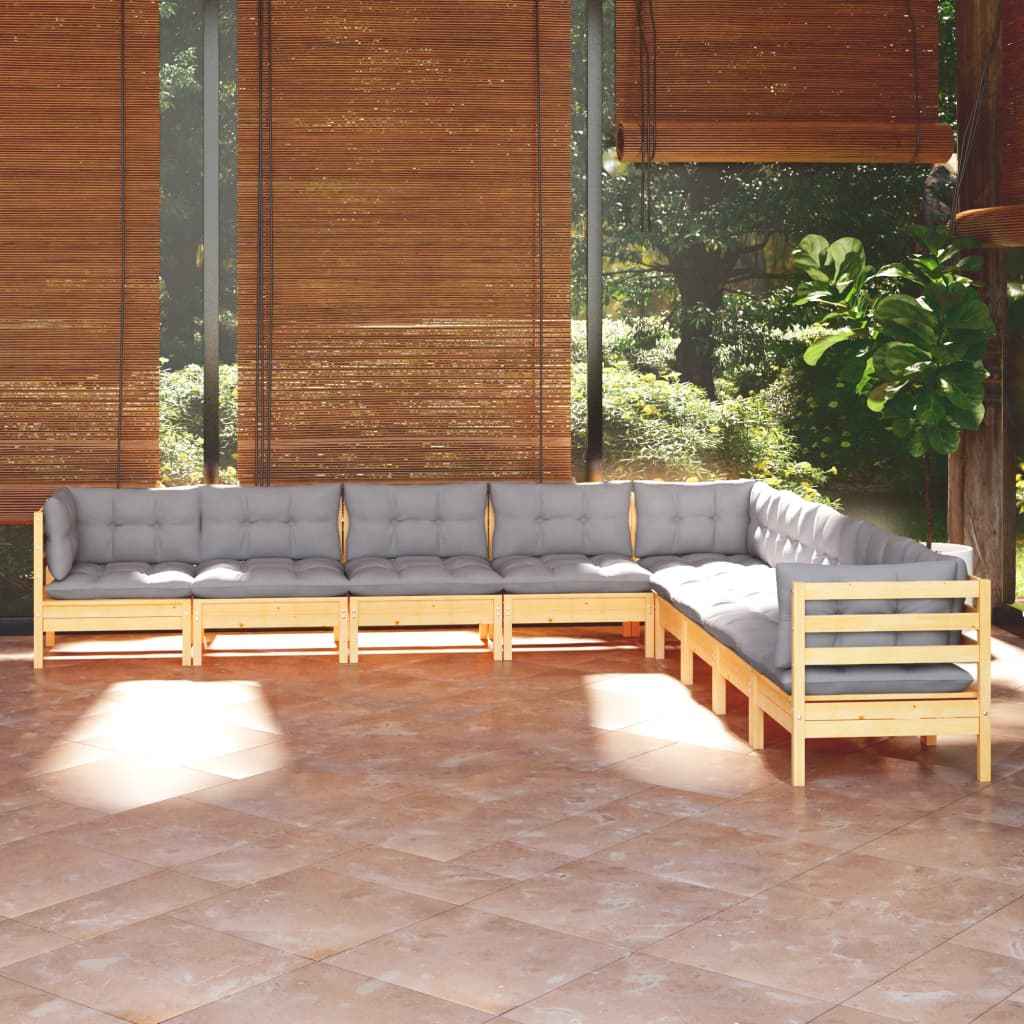 vidaXL 9 pcs conjunto lounge de jardim + almofadões cinza pinho maciço