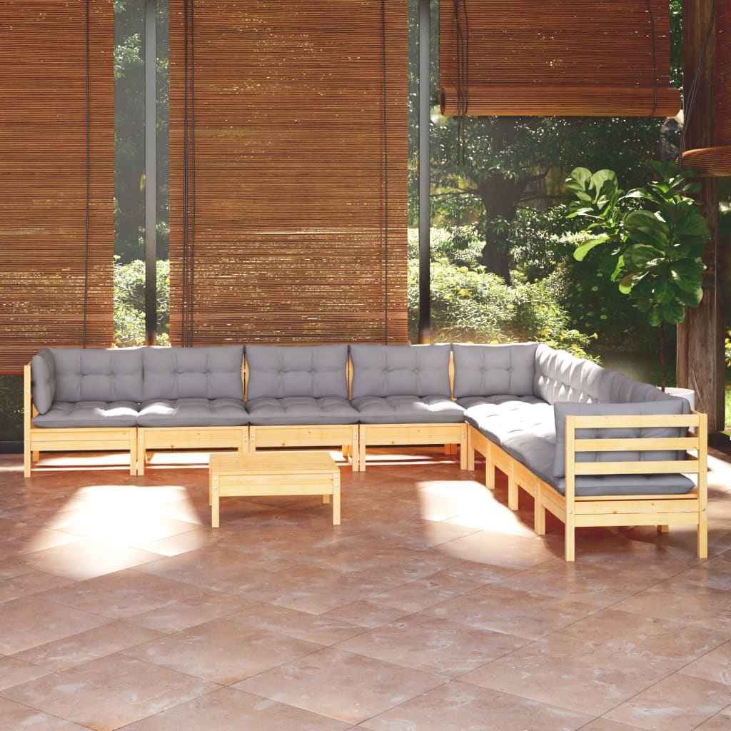 vidaXL 10pcs conjunto lounge de jardim + almofadões cinza pinho maciço