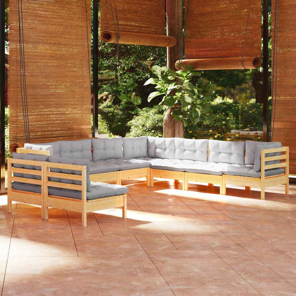 vidaXL 9 pcs conjunto lounge de jardim + almofadões cinza pinho maciço
