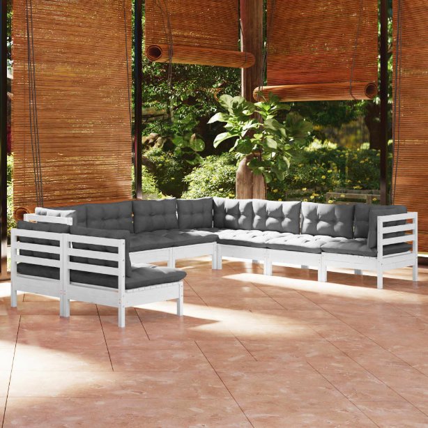 vidaXL 9 pcs conjunto lounge de jardim + almofadões cinza pinho maciço