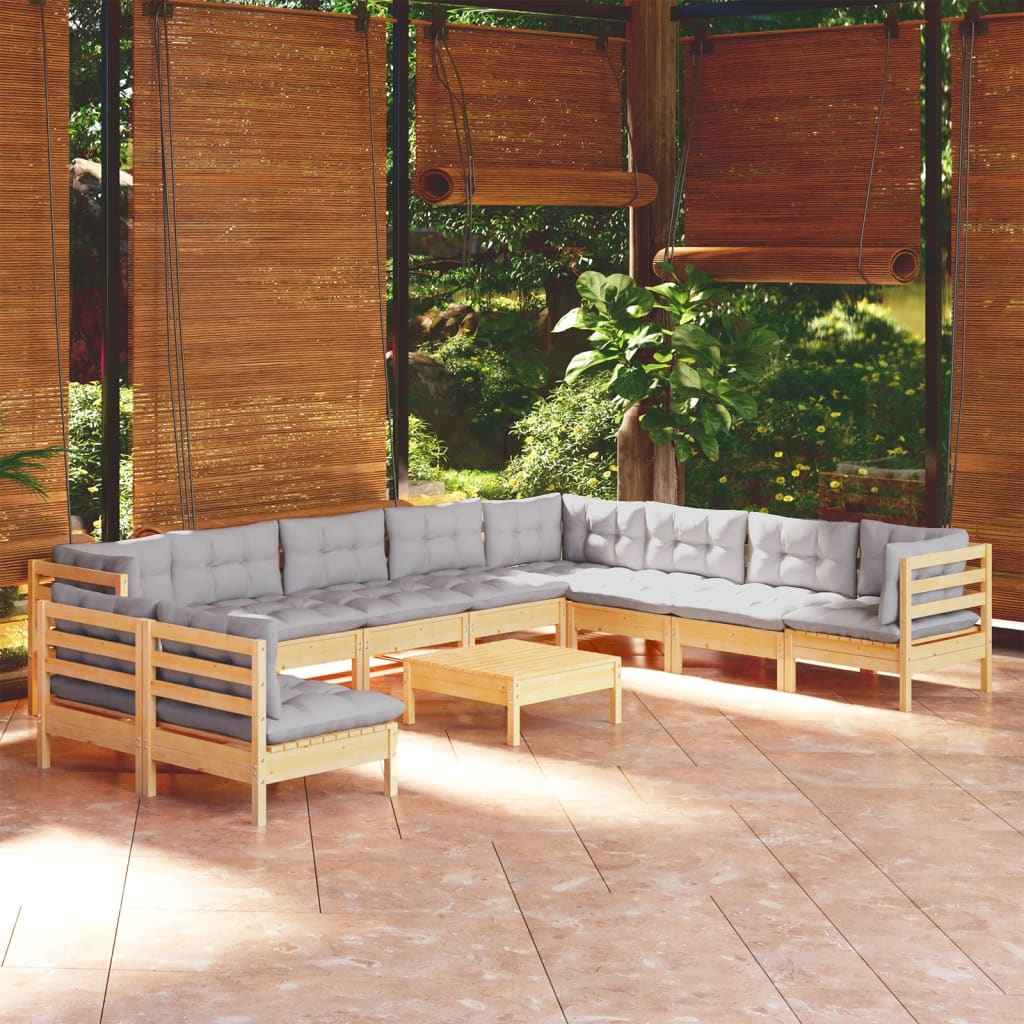 vidaXL 11pcs conjunto lounge de jardim + almofadões cinza pinho maciço