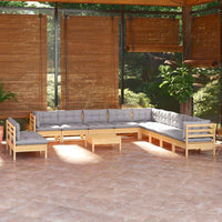 vidaXL 12pcs conjunto lounge de jardim + almofadões cinza pinho maciço