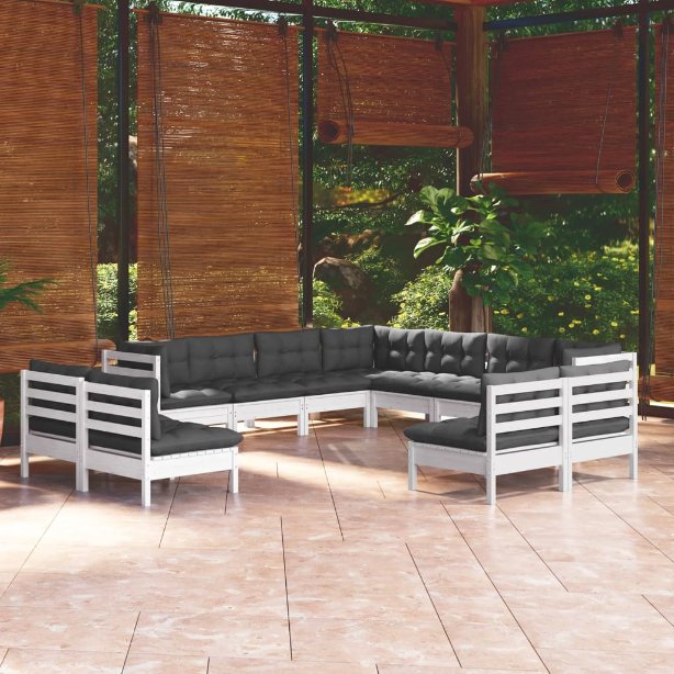 vidaXL 11pcs conjunto lounge de jardim + almofadões cinza pinho maciço