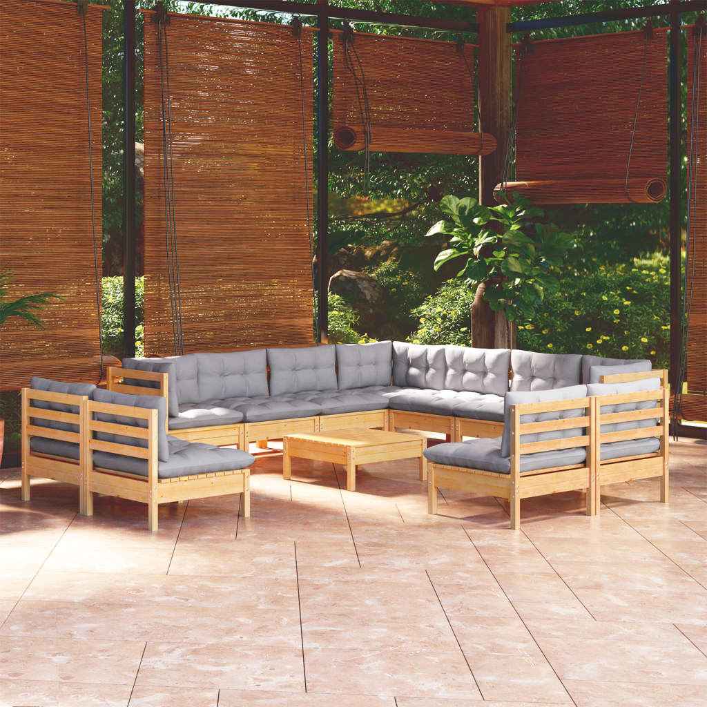 vidaXL 12pcs conjunto lounge de jardim + almofadões cinza pinho maciço