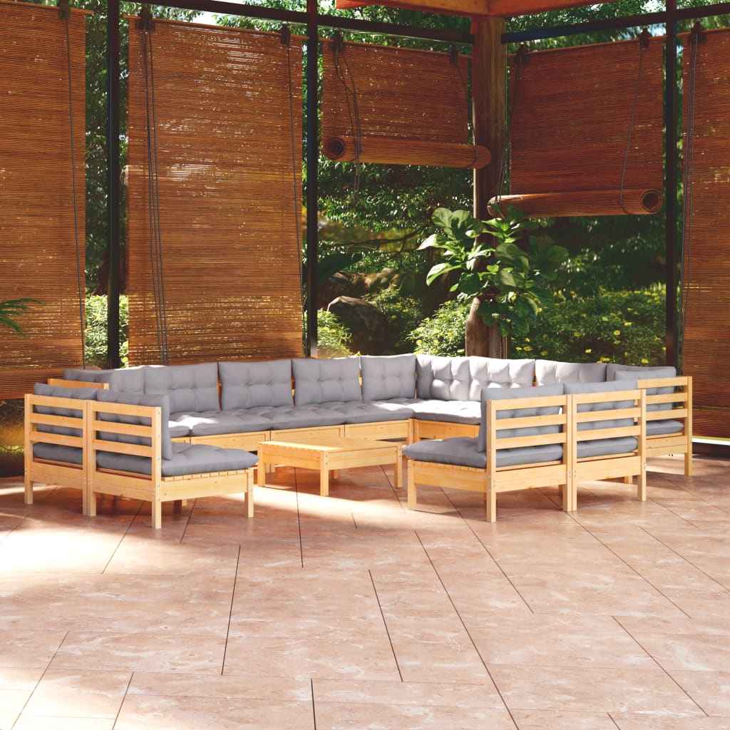 vidaXL 13pcs conjunto lounge de jardim + almofadões cinza pinho maciço