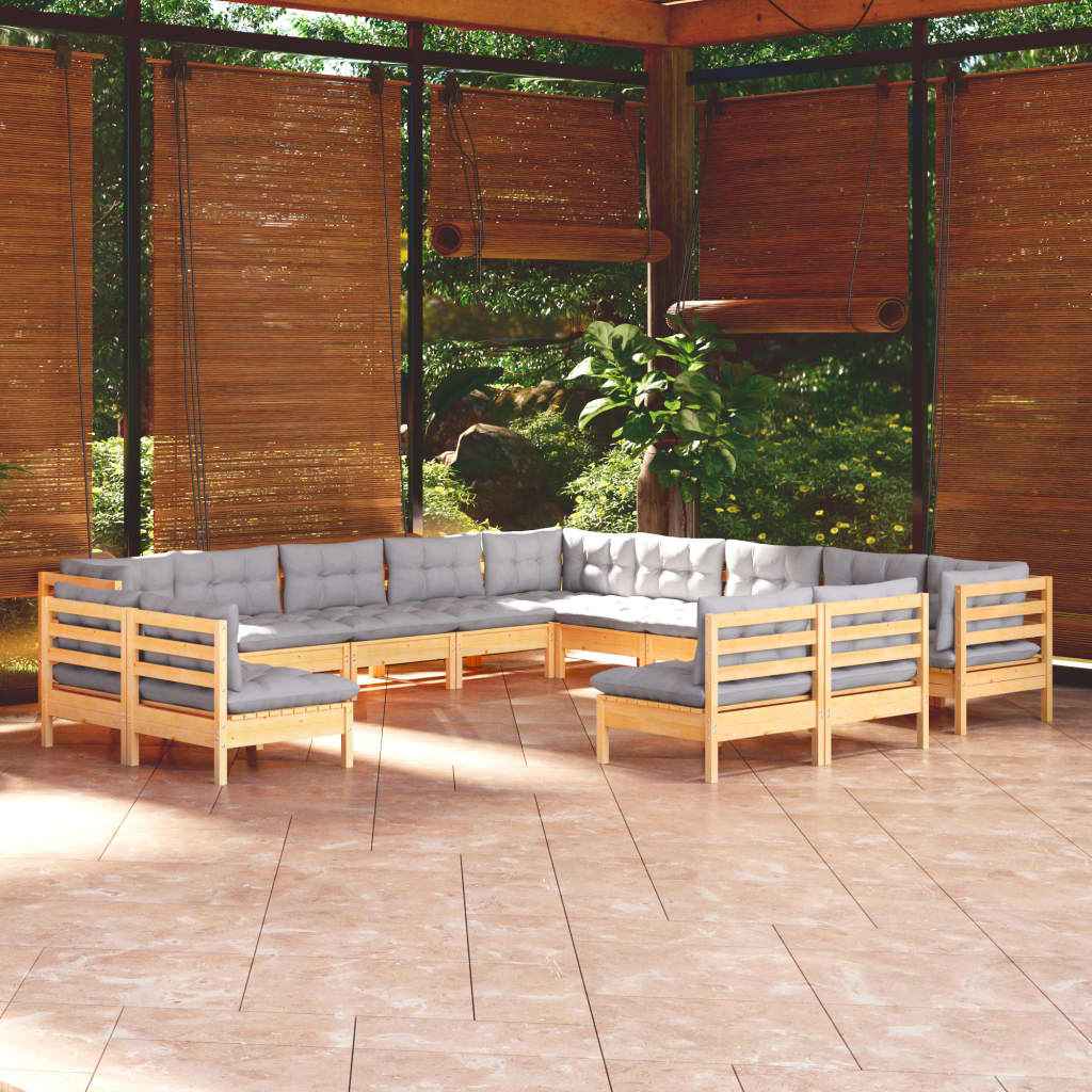 vidaXL 13pcs conjunto lounge de jardim + almofadões cinza pinho maciço