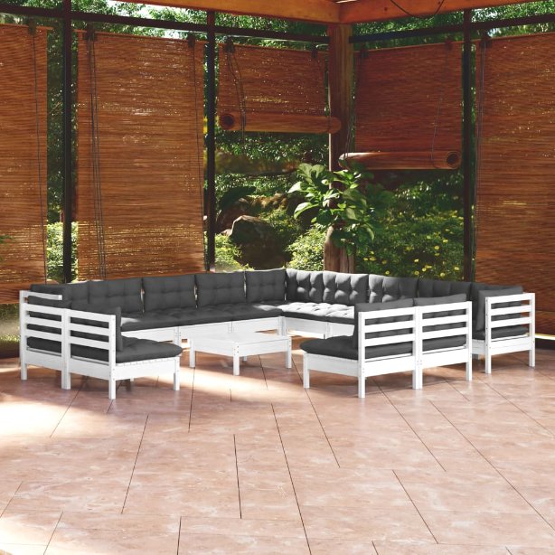 vidaXL 14 pcs conj. lounge de jardim c/ almofadões cinza pinho maciço