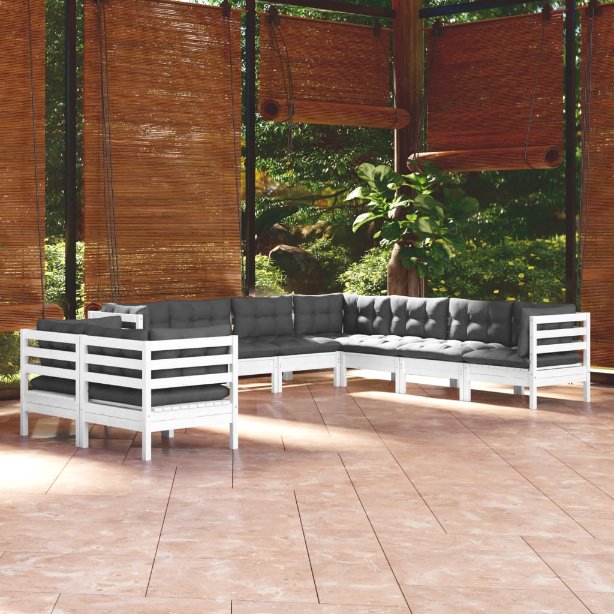 vidaXL 9 pcs conjunto lounge de jardim + almofadões cinza pinho maciço