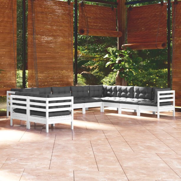 vidaXL 10pcs conjunto lounge de jardim + almofadões cinza pinho maciço