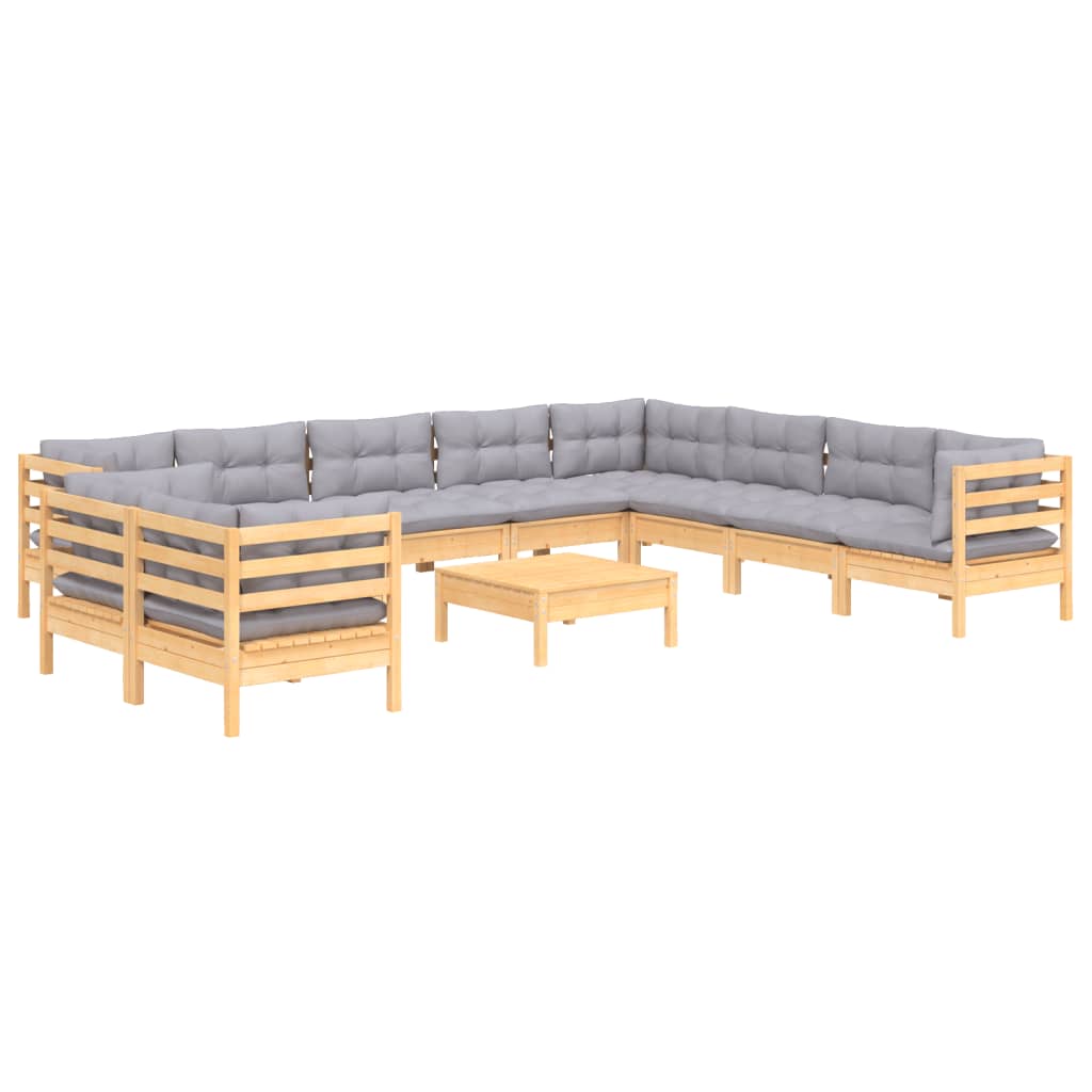vidaXL 11pcs conjunto lounge de jardim + almofadões cinza pinho maciço