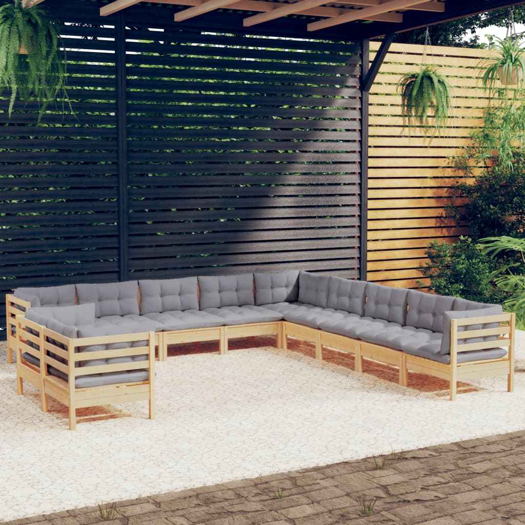 vidaXL 11pcs conjunto lounge de jardim + almofadões cinza pinho maciço