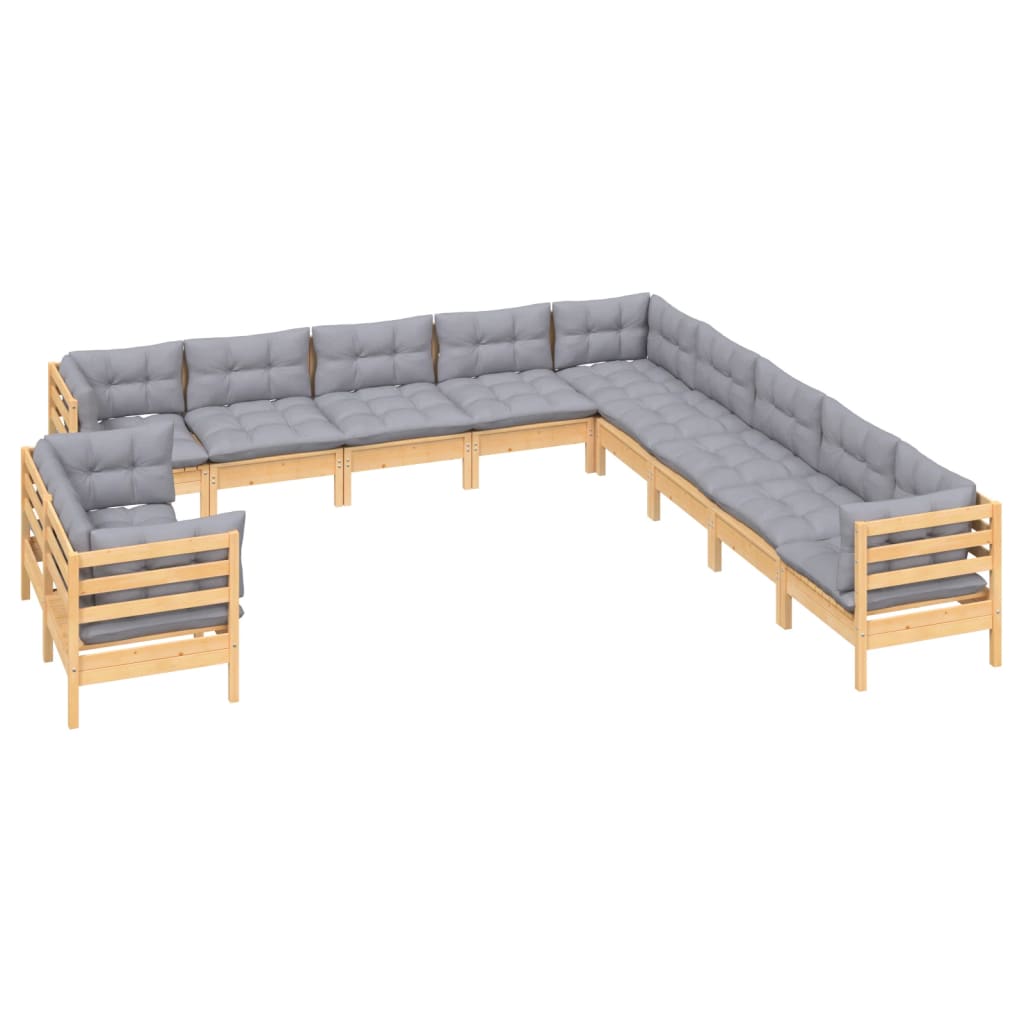 vidaXL 11pcs conjunto lounge de jardim + almofadões cinza pinho maciço