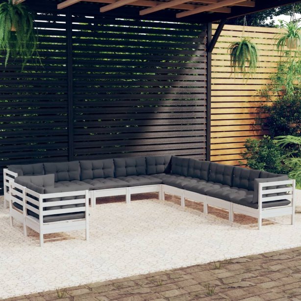 vidaXL 11pcs conjunto lounge de jardim + almofadões cinza pinho maciço