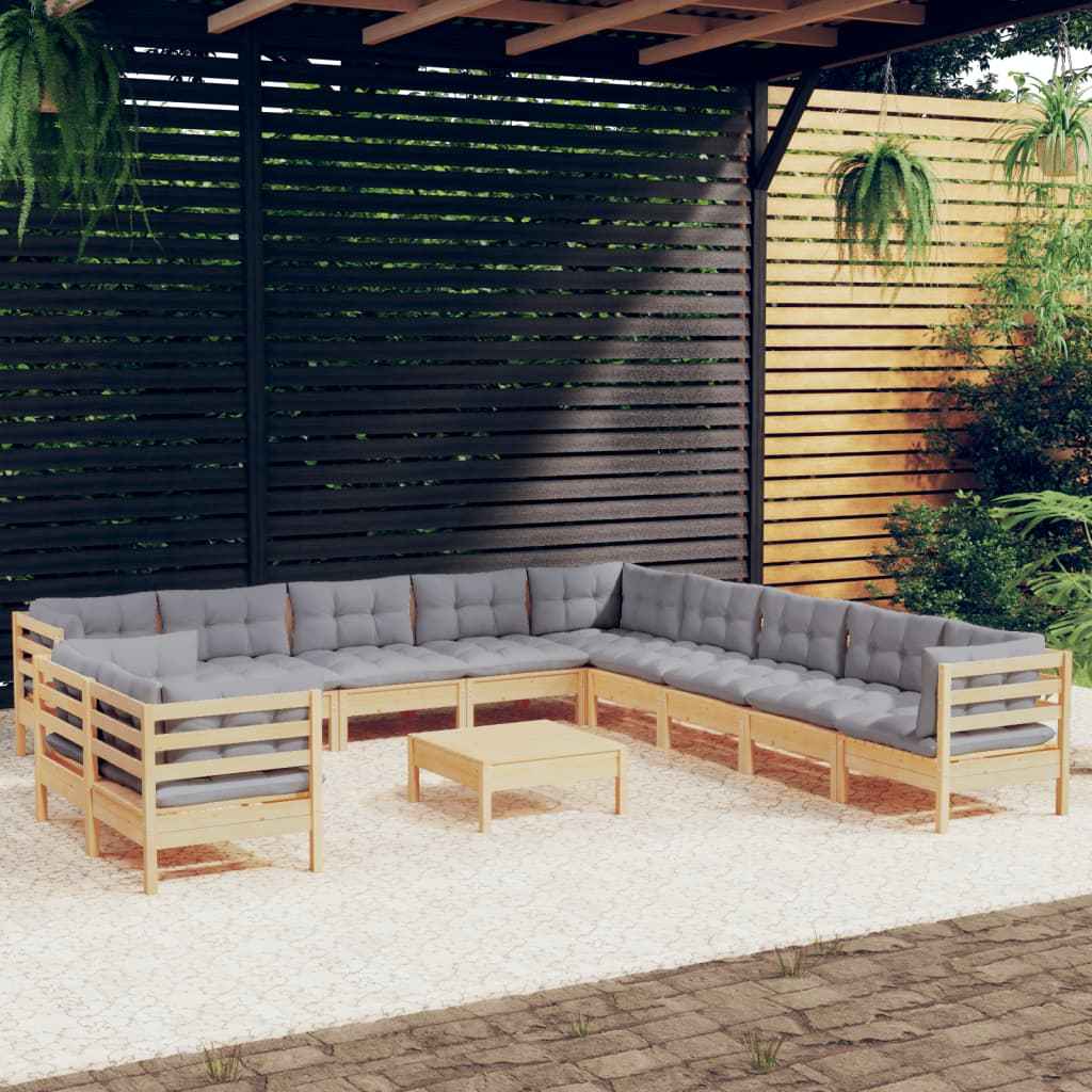 vidaXL 12pcs conjunto lounge de jardim + almofadões cinza pinho maciço