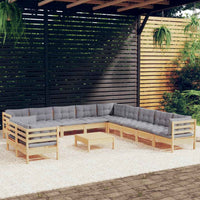 vidaXL 12pcs conjunto lounge de jardim + almofadões cinza pinho maciço