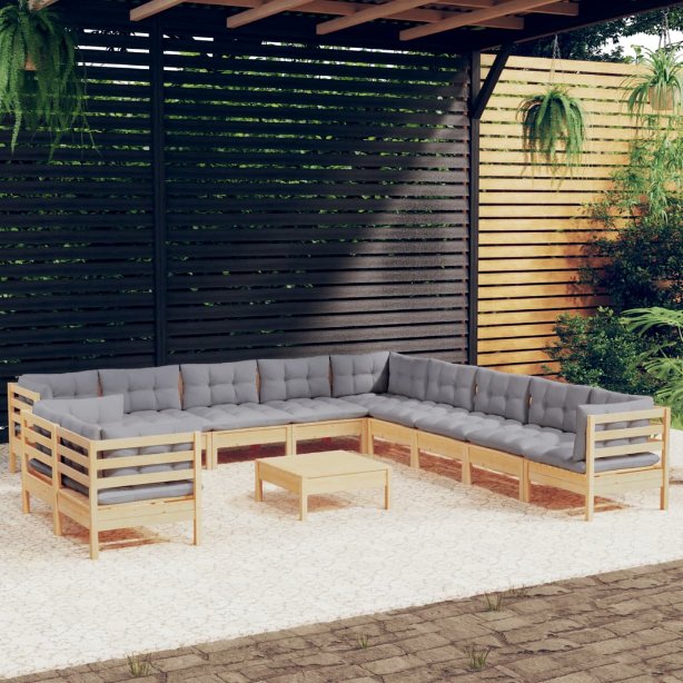 vidaXL 12pcs conjunto lounge de jardim + almofadões cinza pinho maciço