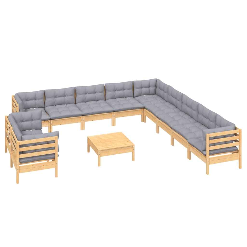 vidaXL 12pcs conjunto lounge de jardim + almofadões cinza pinho maciço