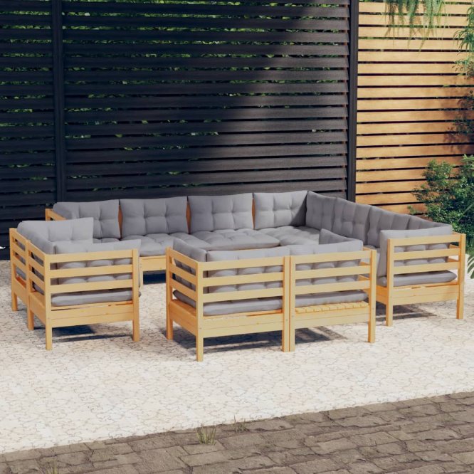 vidaXL 11pcs conjunto lounge de jardim + almofadões cinza pinho maciço