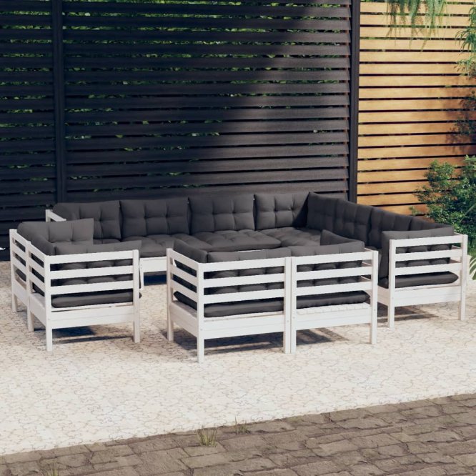 vidaXL 11pcs conjunto lounge de jardim + almofadões cinza pinho maciço