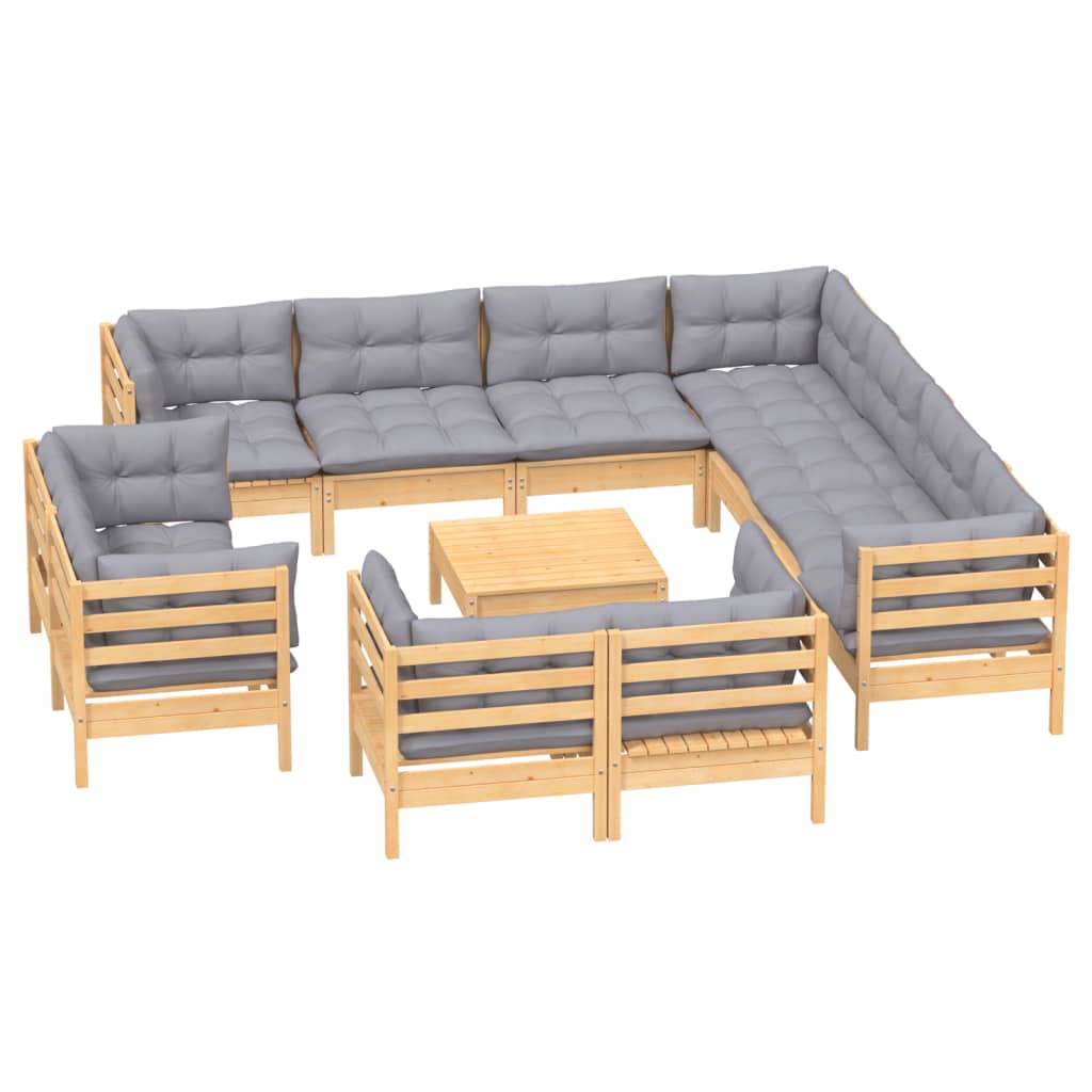 vidaXL 12pcs conjunto lounge de jardim + almofadões cinza pinho maciço