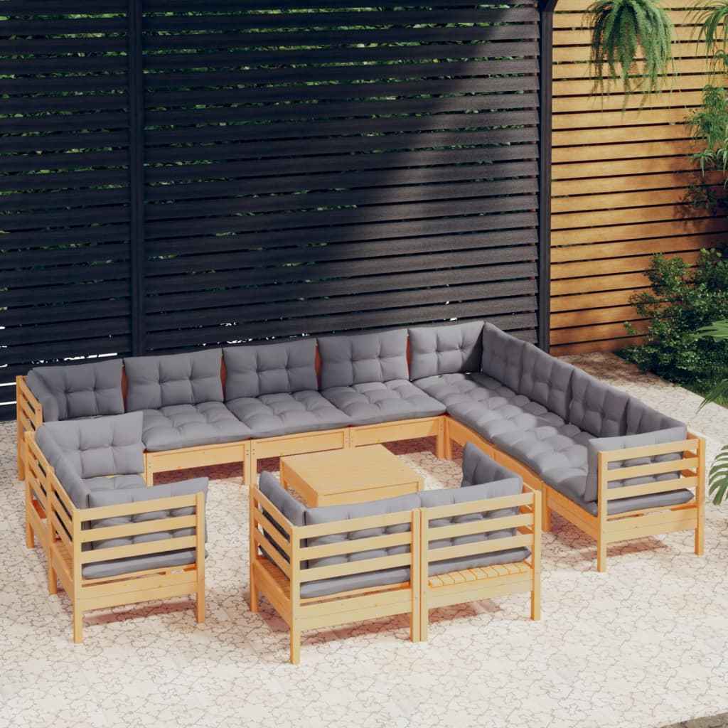 vidaXL 13pcs conjunto lounge de jardim + almofadões cinza pinho maciço