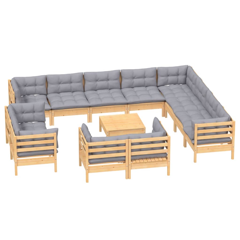 vidaXL 13pcs conjunto lounge de jardim + almofadões cinza pinho maciço