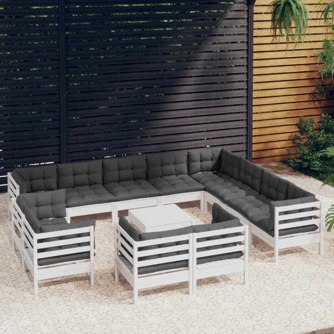 vidaXL 13pcs conjunto lounge de jardim + almofadões cinza pinho maciço