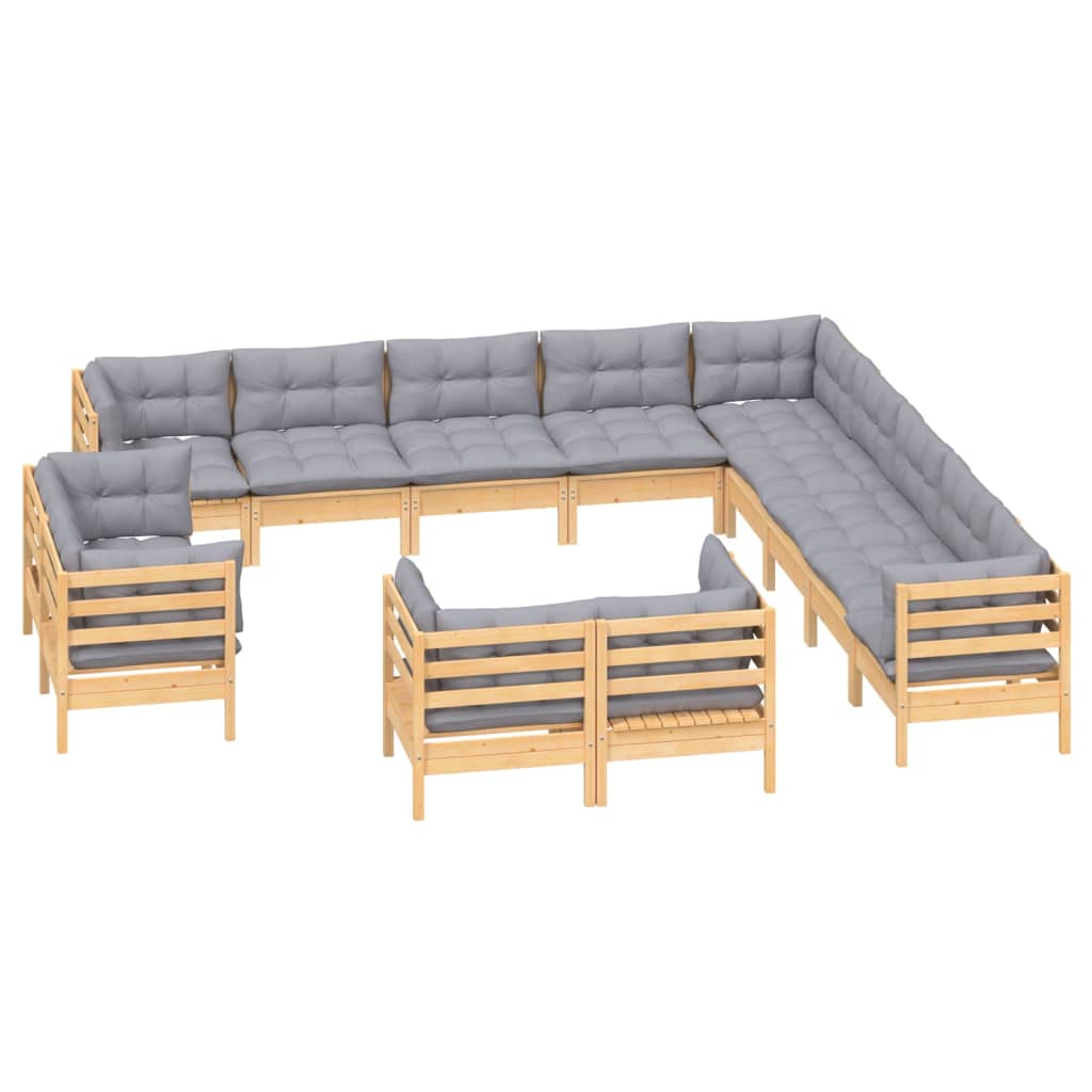 vidaXL 13pcs conjunto lounge de jardim + almofadões cinza pinho maciço