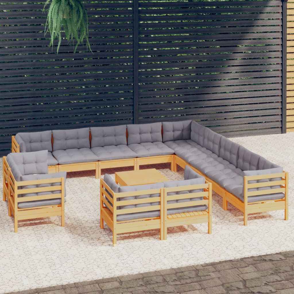 vidaXL 14 pcs conj. lounge jardim c/ almofadões cinzentos pinho maciço