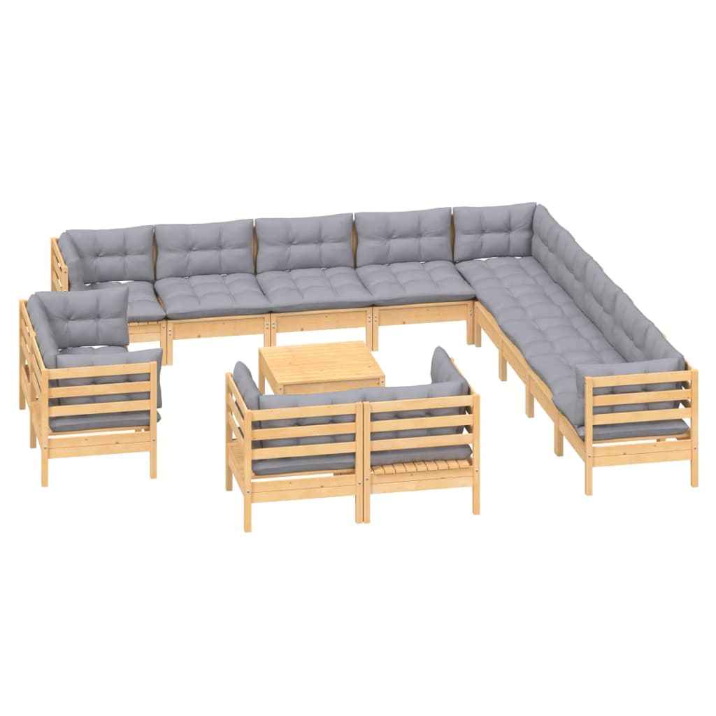 vidaXL 14 pcs conj. lounge jardim c/ almofadões cinzentos pinho maciço