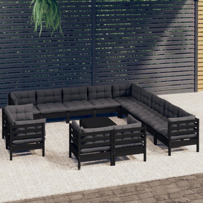 vidaXL 14 pcs conj. lounge jardim c/ almofadões cinzentos pinho maciço