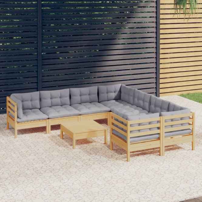 vidaXL 9 pcs conjunto lounge de jardim c/ almofadões cinzentos pinho