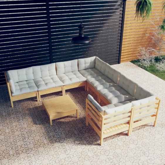 vidaXL 9 pcs conjunto lounge de jardim c/ almofadões cinzentos pinho