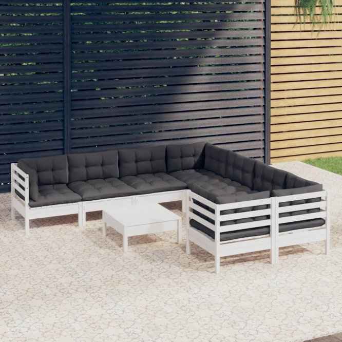 vidaXL 9 pcs conjunto lounge de jardim c/ almofadões cinzentos pinho