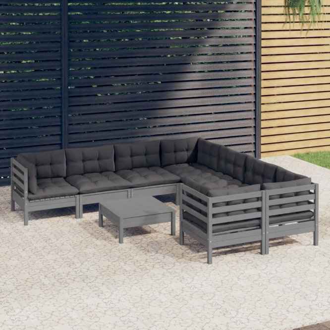 vidaXL 9 pcs conjunto lounge de jardim c/ almofadões cinzentos pinho