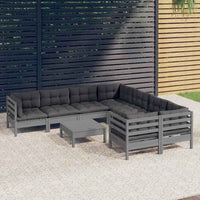 vidaXL 9 pcs conjunto lounge de jardim c/ almofadões cinzentos pinho