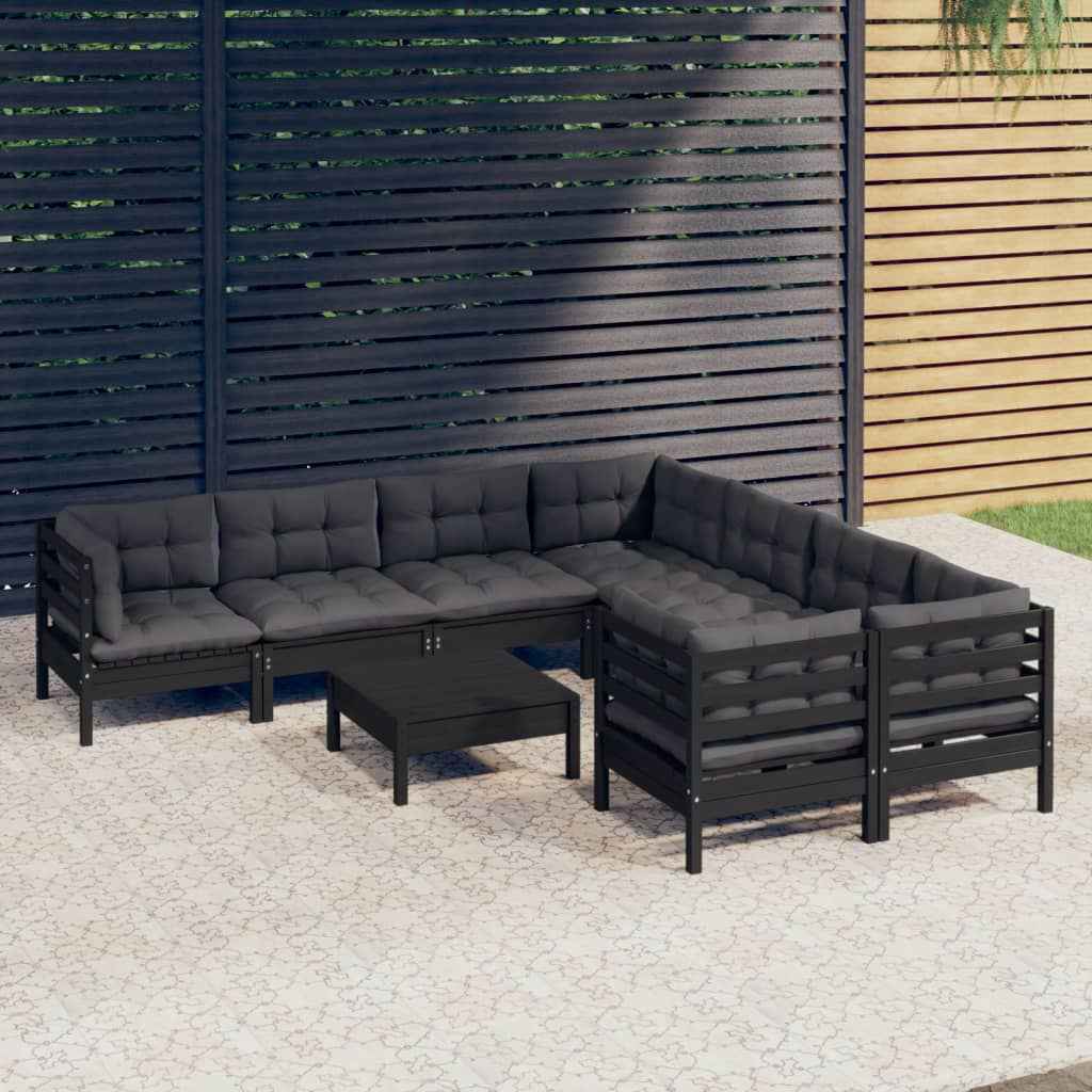 vidaXL 9 pcs conjunto lounge de jardim c/ almofadões cinzentos pinho