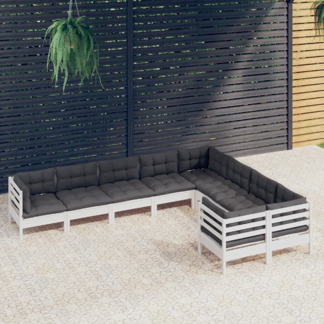 vidaXL 9 pcs conjunto lounge de jardim c/ almofadões cinzentos pinho