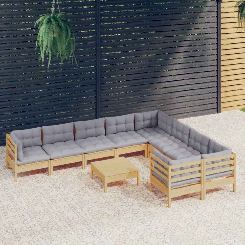 vidaXL 10 pcs conjunto lounge de jardim c/ almofadões cinza pinho