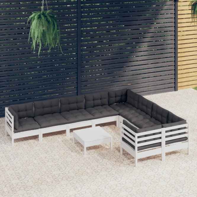 vidaXL 10 pcs conjunto lounge de jardim c/ almofadões cinza pinho