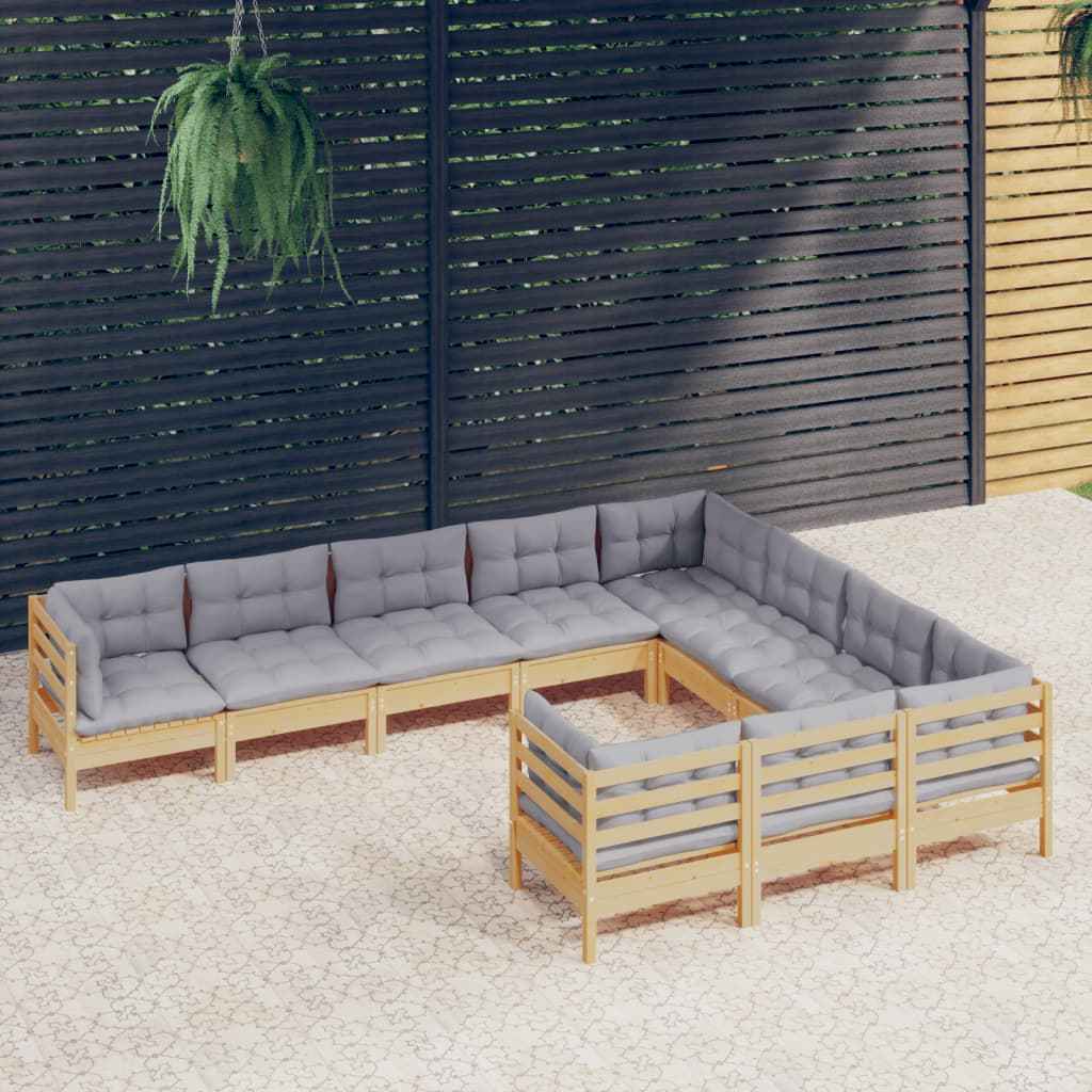 vidaXL 10 pcs conjunto lounge de jardim c/ almofadões cinza pinho