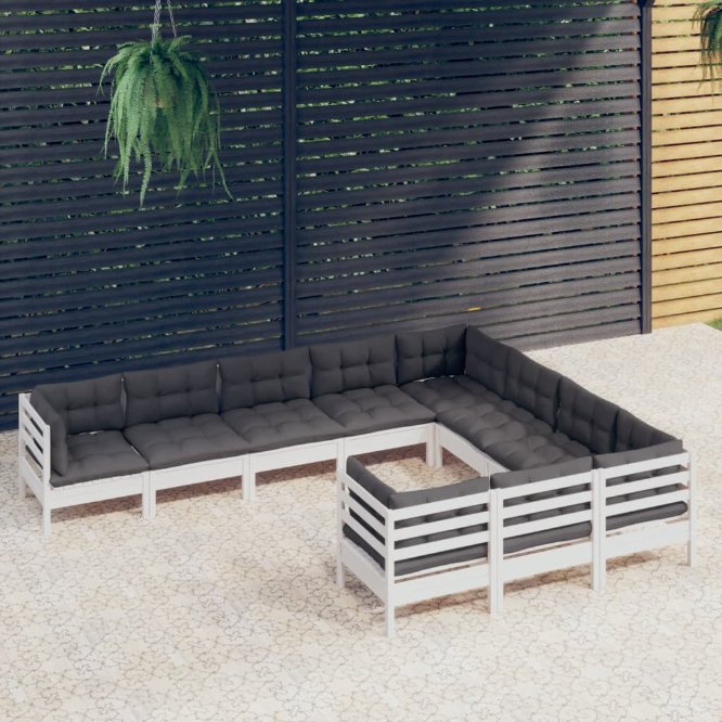 vidaXL 10 pcs conjunto lounge de jardim c/ almofadões cinza pinho