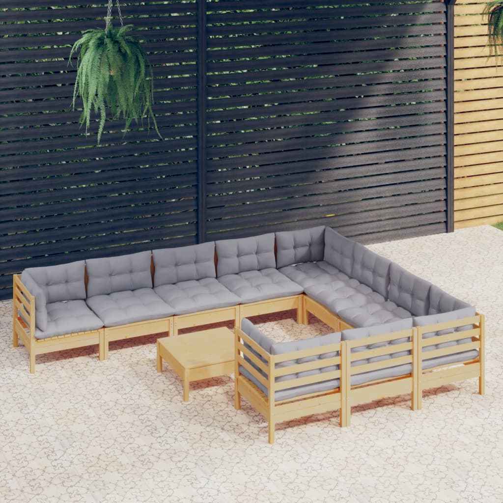 vidaXL 11 pcs conjunto lounge de jardim c/ almofadões cinza pinho