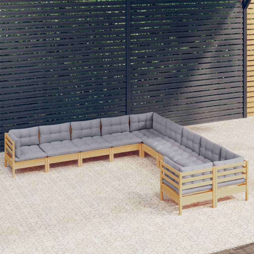 vidaXL 10 pcs conjunto lounge de jardim c/ almofadões cinza pinho