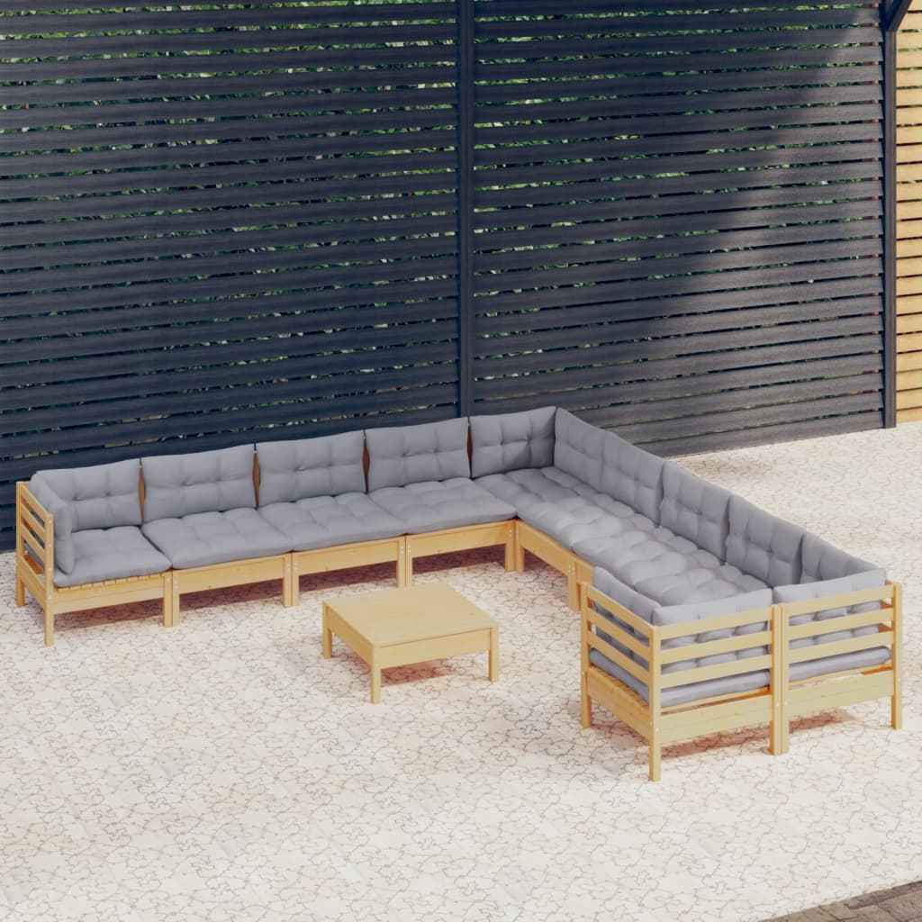 vidaXL 11 pcs conjunto lounge de jardim c/ almofadões cinza pinho