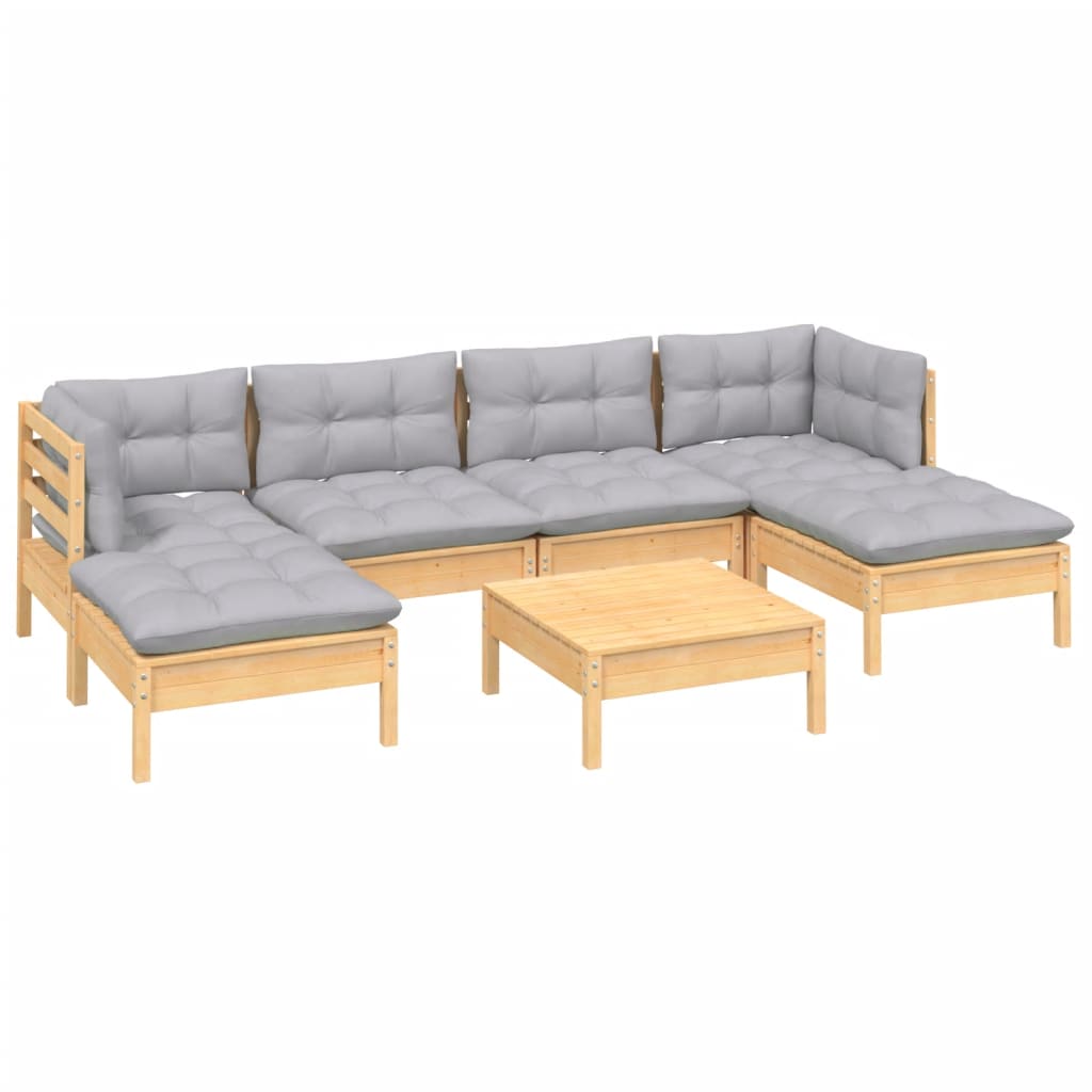 vidaXL 7 pcs conjunto lounge de jardim c/ almofadões cinzentos pinho