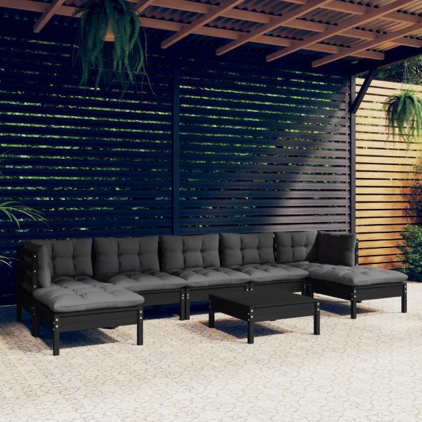 vidaXL 8 pcs conjunto lounge de jardim c/ almofadões cinzentos pinho